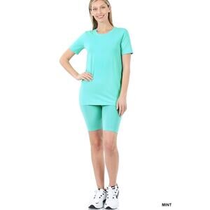 Cotton Crew Neck Short Sleeve top & biker Shorts set (Mint)-Small